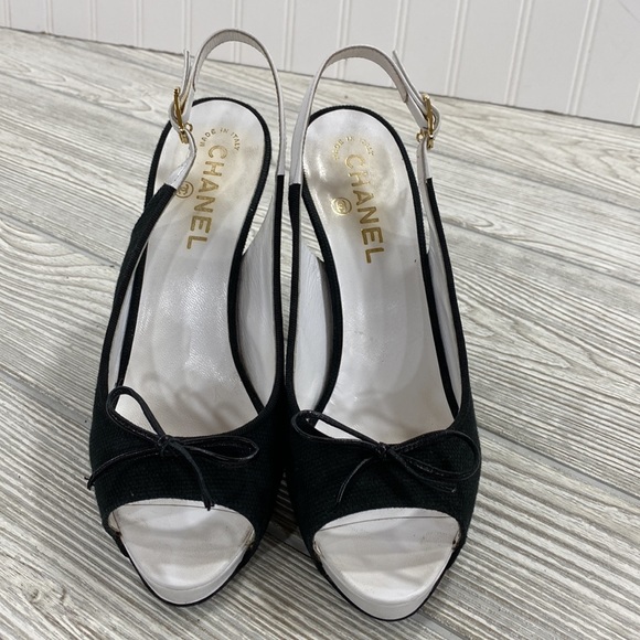 Chanel Black Canvas Peep Toe Slingback Heels - sz 37.5 - Picture 6 of 13